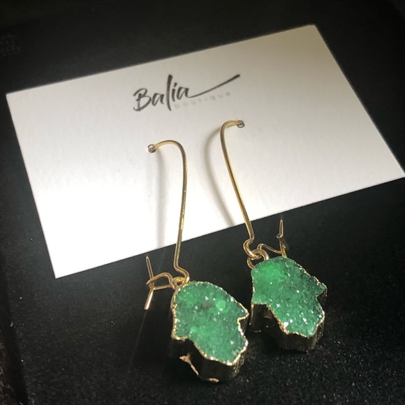 New Handmade Druzy Hamsa Hand Drop Earrings 💚 - Picture 2 of 12